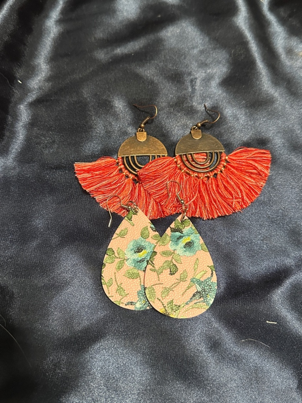 Women’s Red Fringe and Floral Teardrop Earrings
